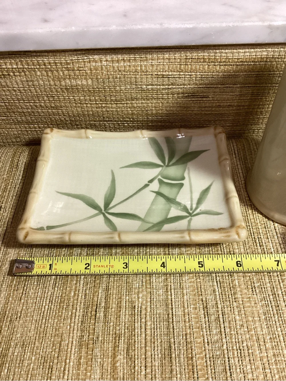 Vintage Croscill Bamboo Motif Ceramic Soap Dish and Cup - Green on Cream
